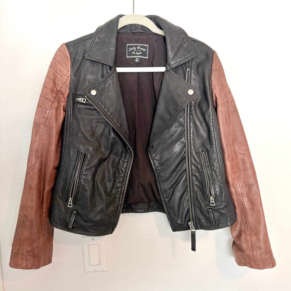 Lucky Brand Women's XS core Moto Jacket two-toned real lambskin Excellent Condit